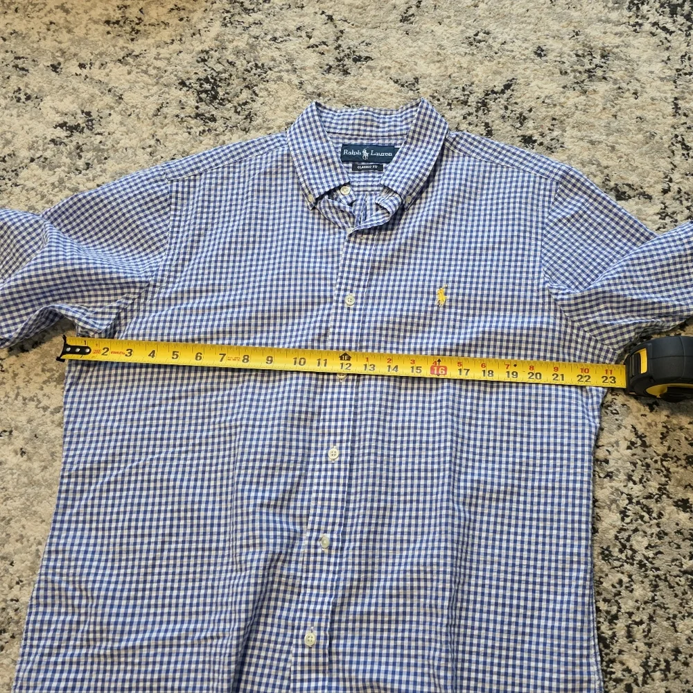 RALPH LAUREN Classic Fit Ginham Plaid Shortsleeve Button Down Mens L Blue White